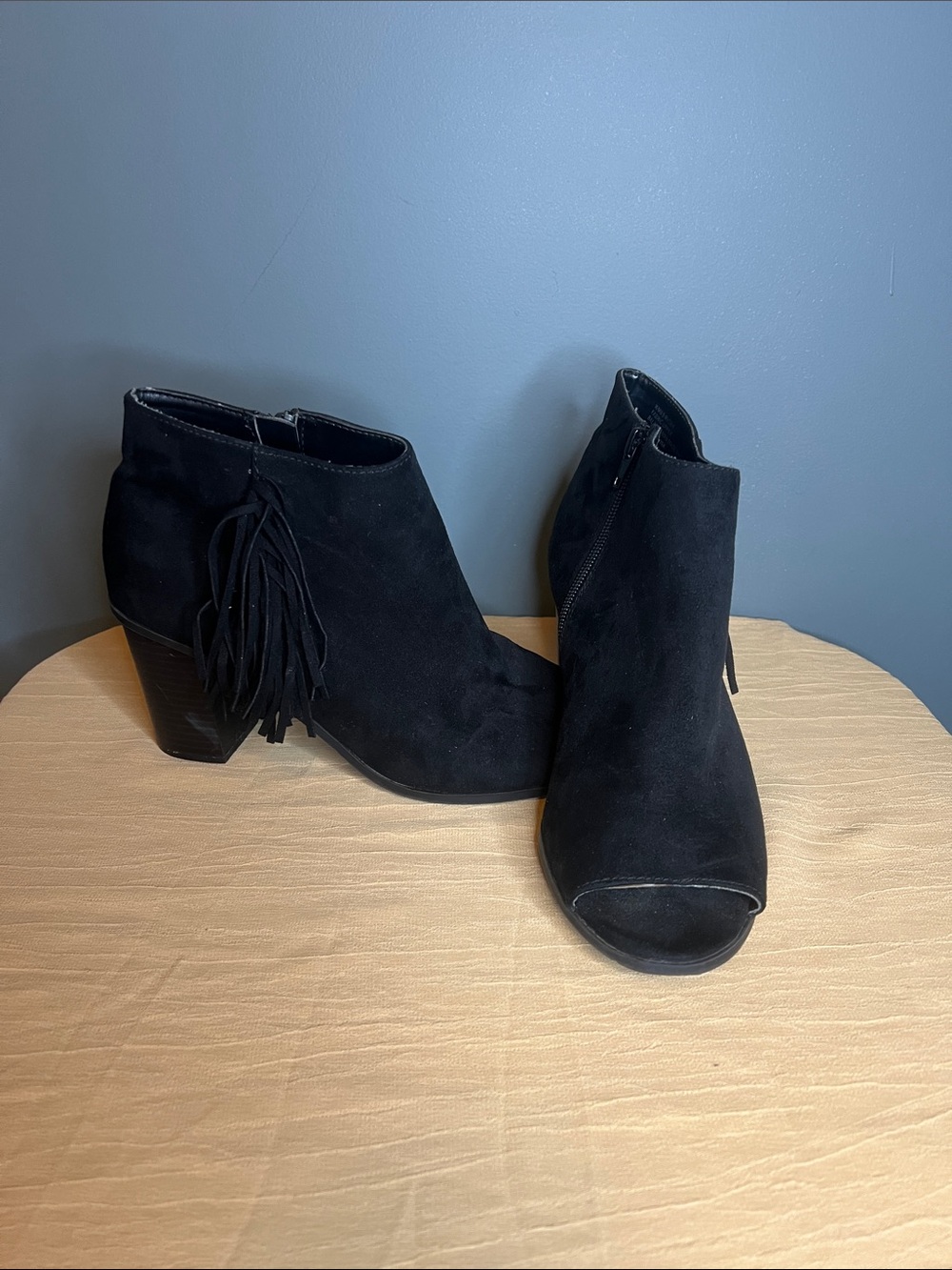 new directions Black Suede Peep-Toe Ankle Booties with Fringe